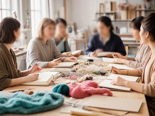 Artisan guild members seated around a shared studio table reviewing bylaws and membership notes