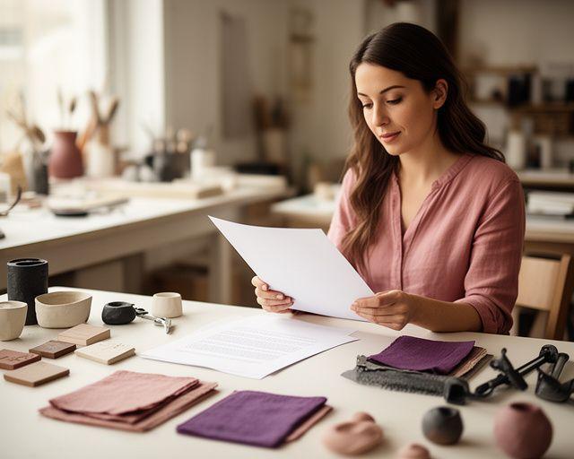 Legal adviser reviewing a maker's contract beside handcrafted samples in a calm Toronto studio