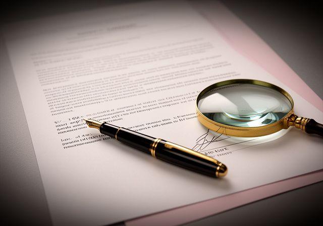 A signed art contract and fountain pen arranged on a clean desk beside a magnifying glass